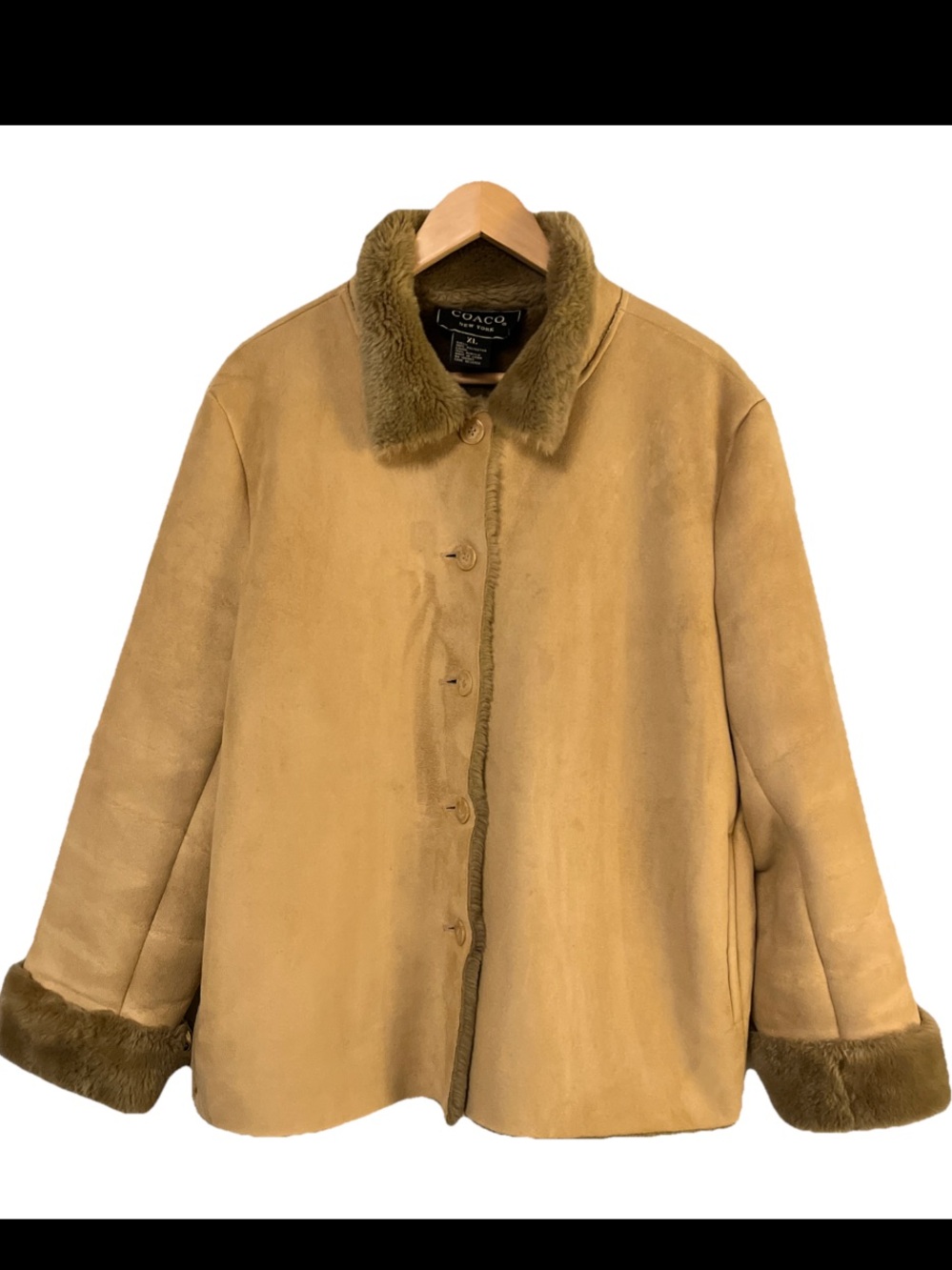 Coaco New York Woman Faux Suede/ Sherling Button Up Coat Faux Fur Trim XL